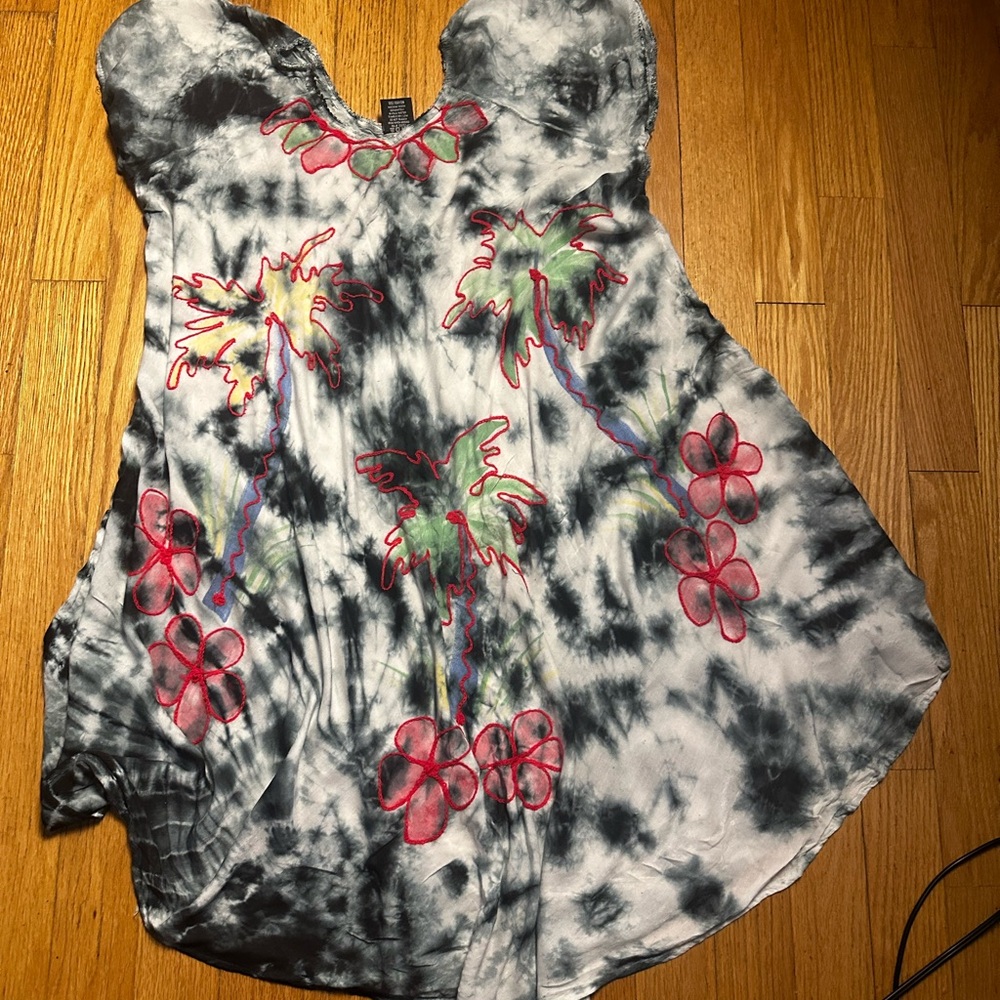 Tie-Dye Dress with Floral Embroidery